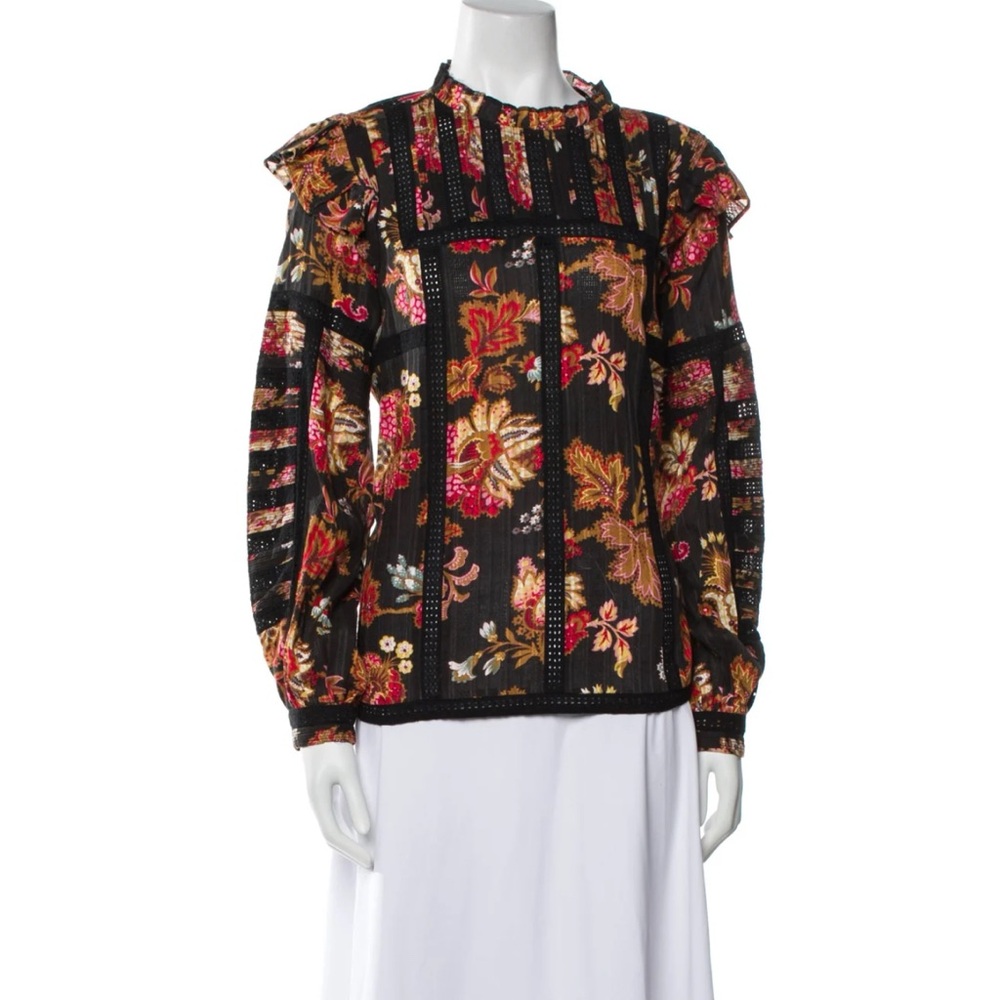 Sea New York long sleeve blouse with ruffle detail and black eyelet accents.